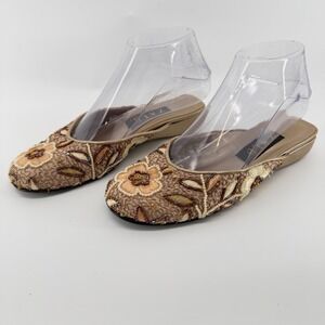 Zalo Vintage Beaded Floral Embroidered Mules Champagne Gold Wedge Heels 7.5M